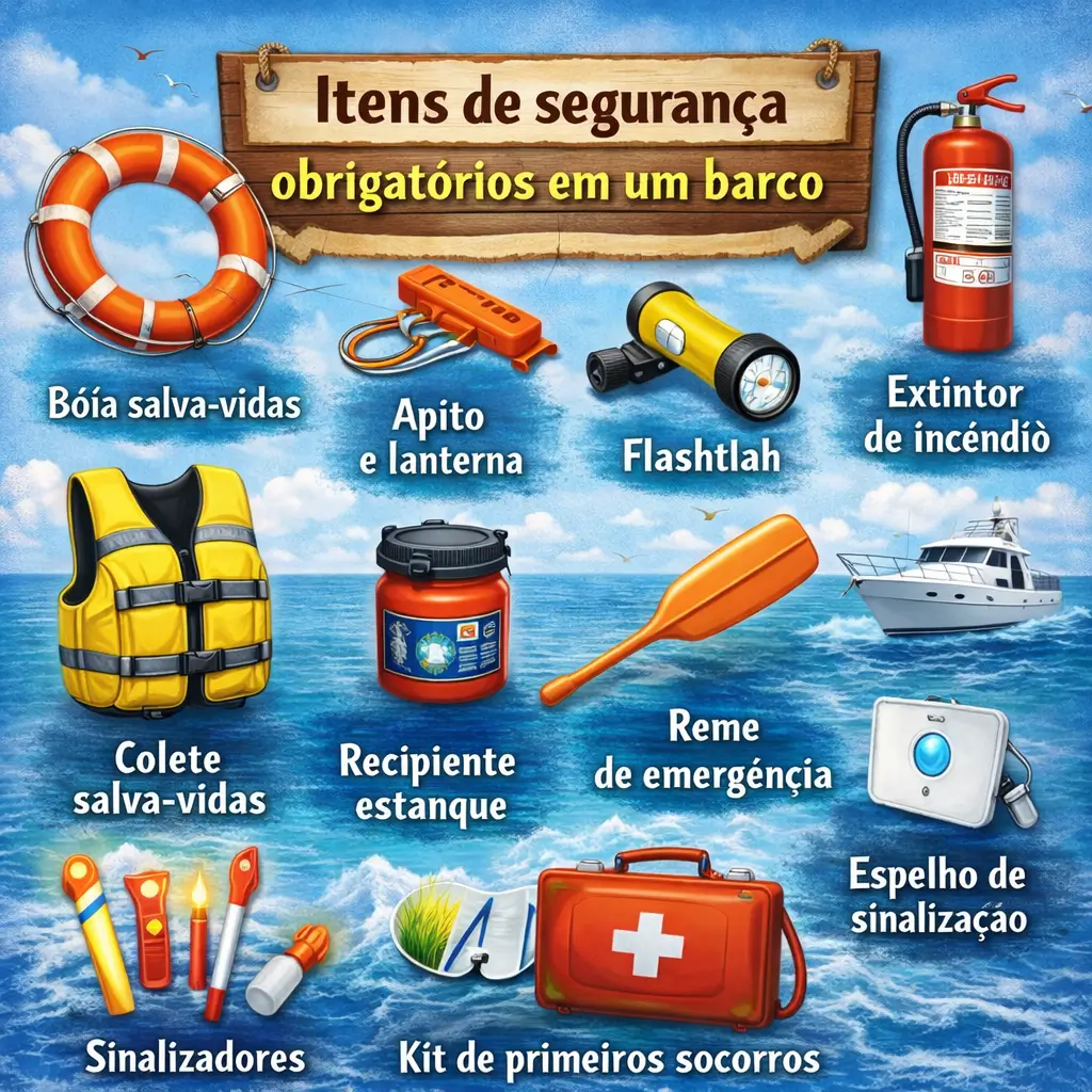Clique para ver: Itens de segurança obrigatórios em um barco Itens de segurança obrigatórios em um barco